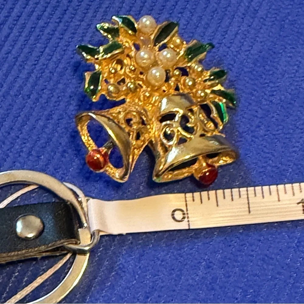 Festive  Gold and Green Bell Brooch with Pearls
